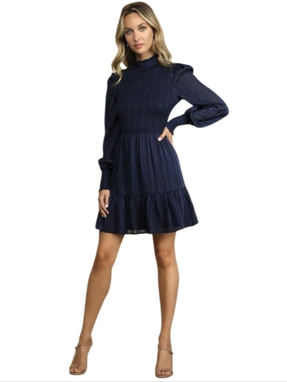 Lulus Womens Navy Blue Smocked Long Sleeve Mini Dress Size XSMALL Romantic Prepp
